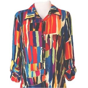 Multiples Button Up Blouse Abstract Multicolor Medium Washable Long Sleeve